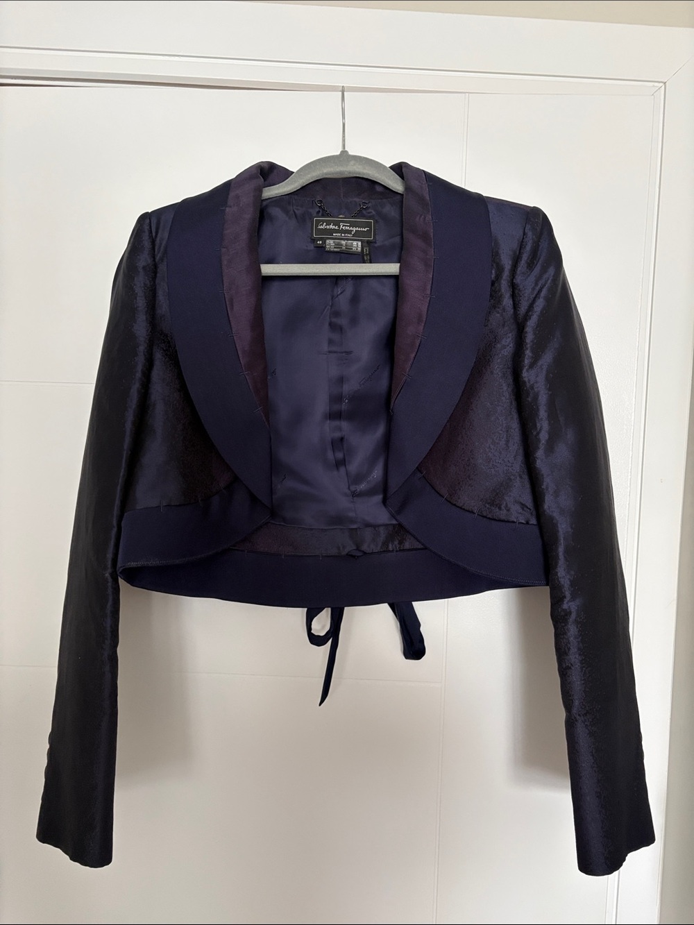 Salvatore Ferragamo Navy Satin-Trim Cropped Bolero Jacket